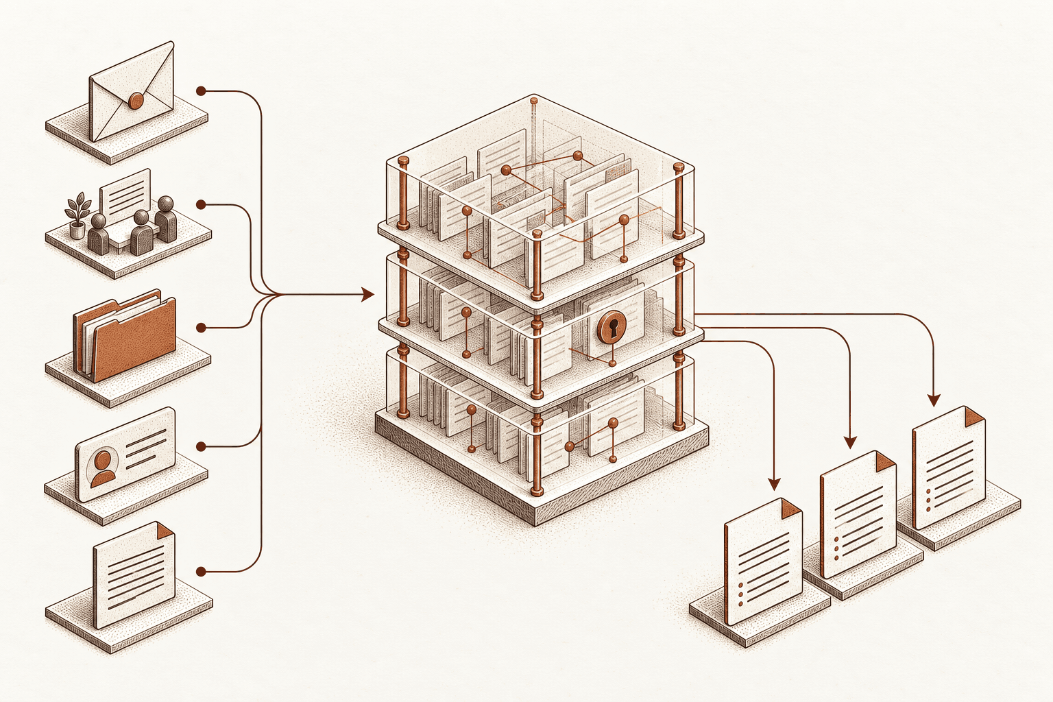 Work sources feed a shared structure of linked records with access controls, then produce consistent briefing formats.
