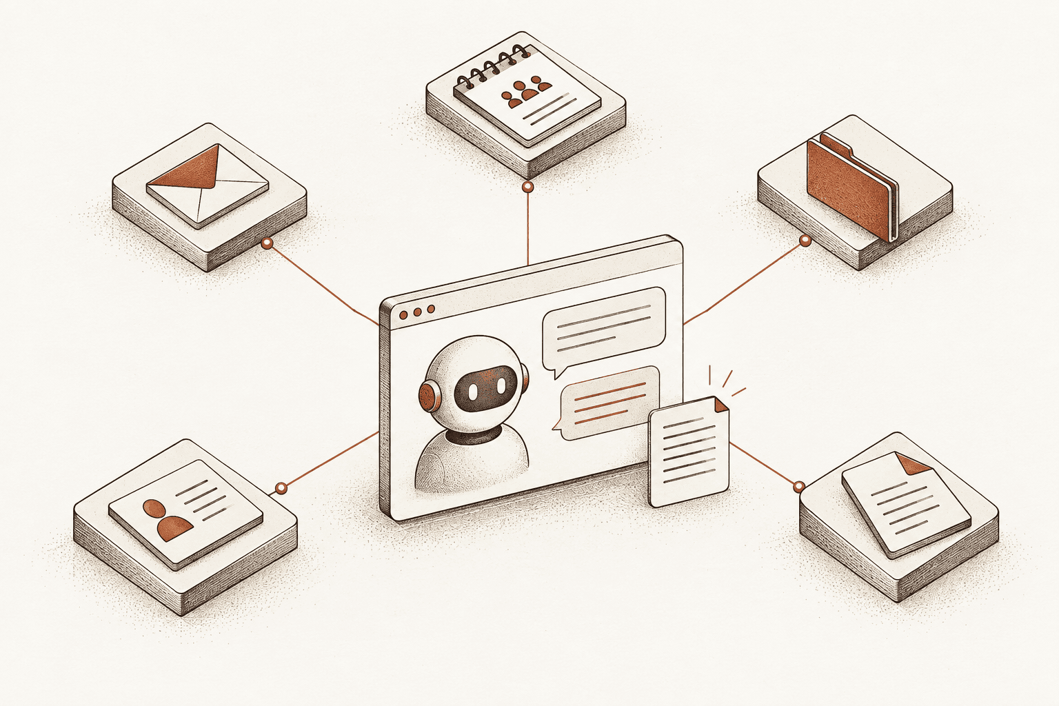 Five work sources connect directly to an AI assistant, which produces a response.