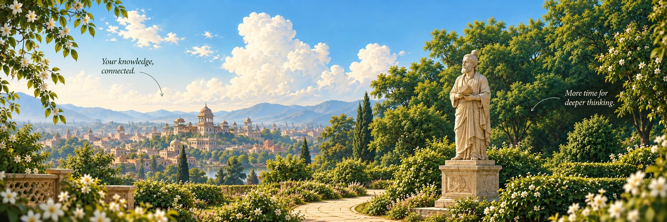 An Indian scholar holding a manuscript, overlooking a historic city and lush gardens beneath blue skies and white clouds.