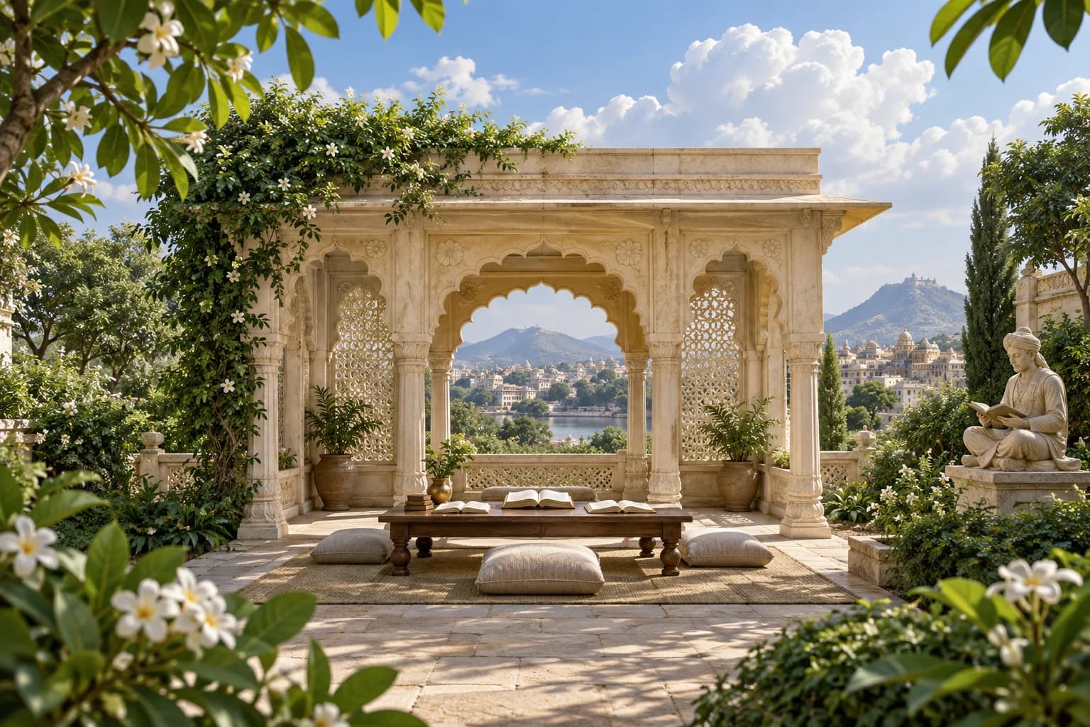 An open-air Indian learning pavilion, with books and a scholar sculpture in a green garden beneath blue skies and white clouds.